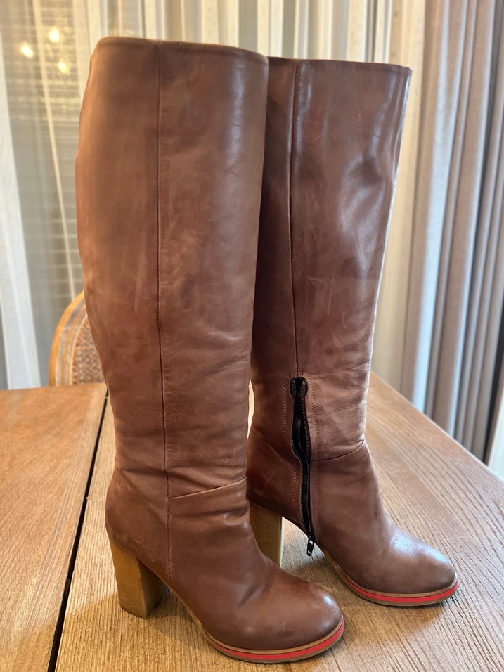 Hotiç Marka Taba Deri Diz Boyu Topuklu  Kadın Çizme - Görsel 3