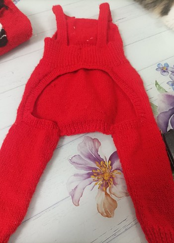 Nakışlı Kırmızı Örgü Kedi köpek slop Tulumu - Görsel 11