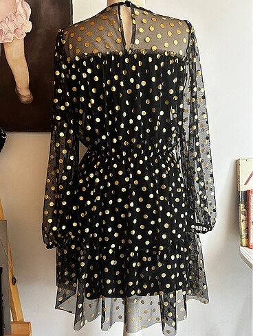 Koton Koton Siyah gold puantiyeli tül şık elbise