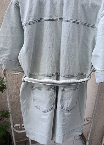 Kadın Gri Kemerli Uzun Denim tulum - Görsel 6