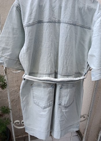 Kadın Gri Kemerli Uzun Denim tulum - Görsel 5