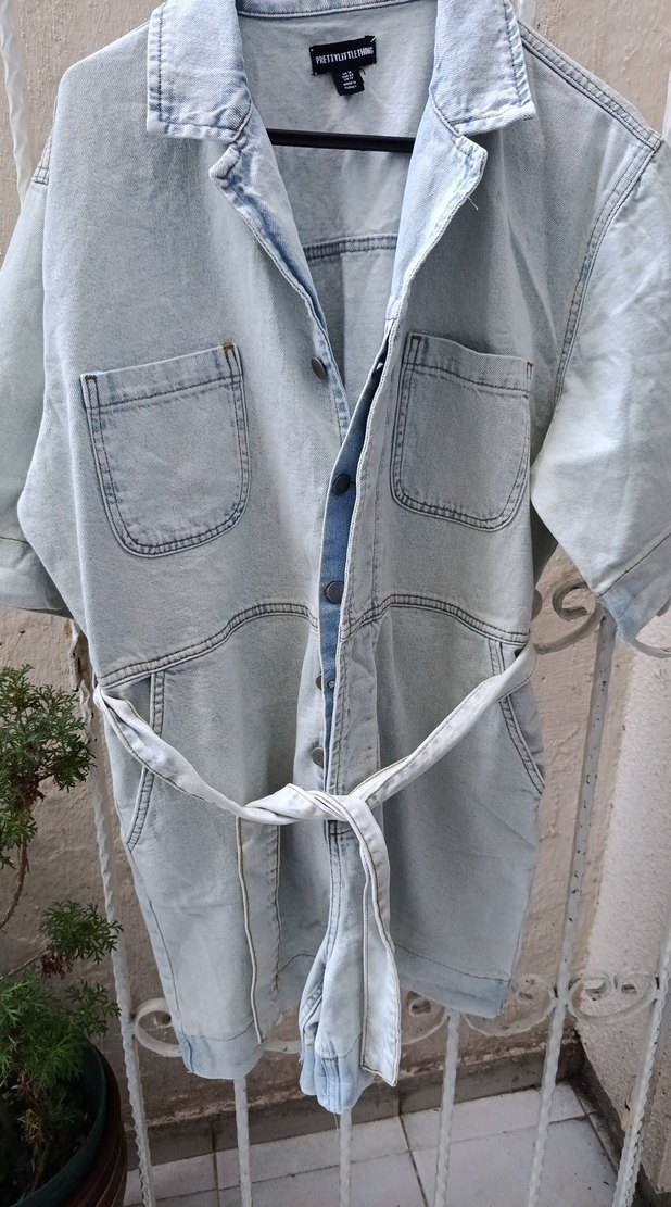 Kadın Gri Kemerli Uzun Denim tulum - Görsel 3