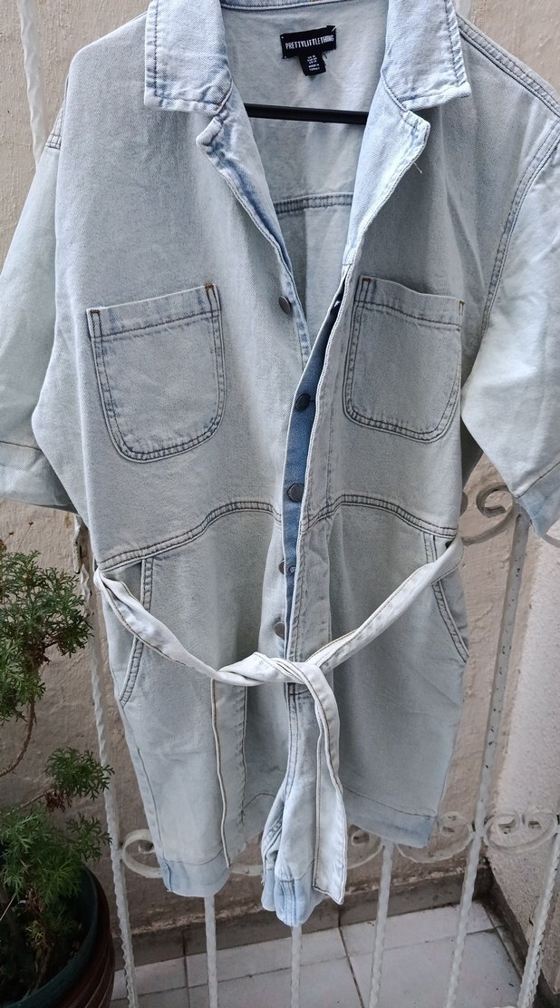 Kadın Gri Kemerli Uzun Denim tulum - Görsel 2