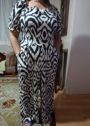 Kadın Gri Zebra Desenli Midi Tulum