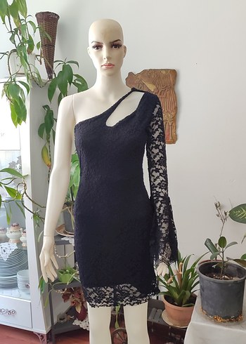 Diğer Dantel Detaylı Siyah Gotik Midi Elbise