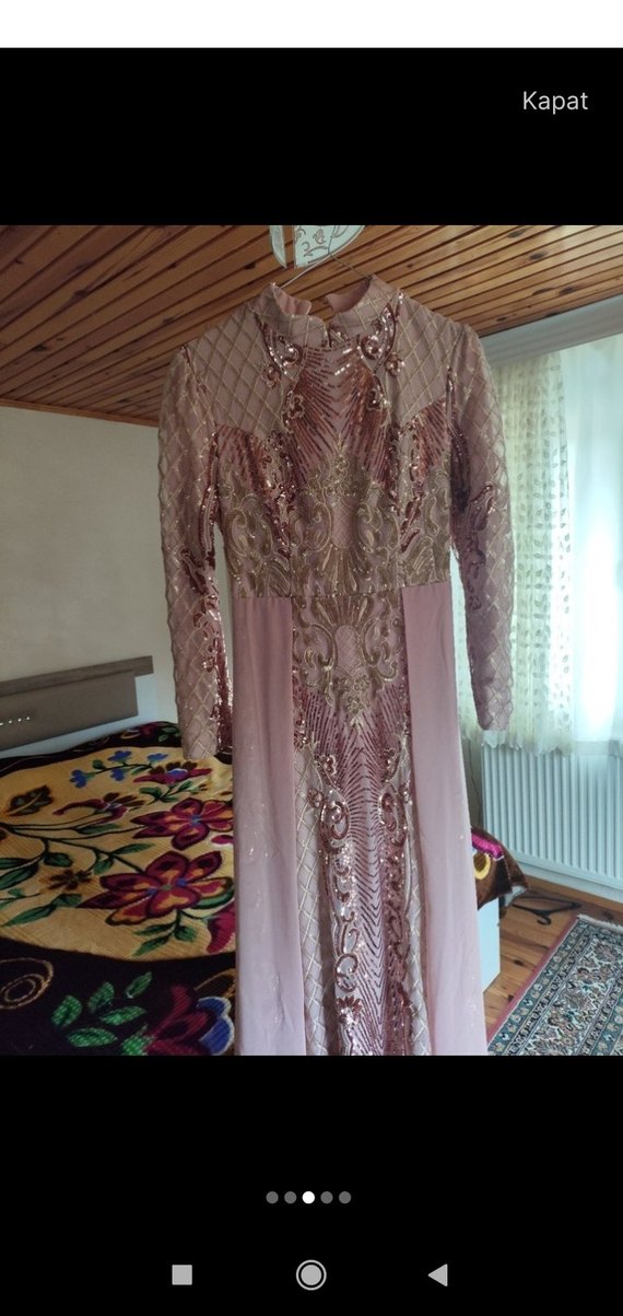 Uzun Kollu Pembe Nakışlı Abiye Elbise - Görsel 2