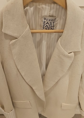 Bej Keten Midi Kadın Blazer Ceket - Görsel 2