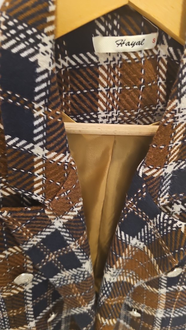 Düğmeli Kahverengi Ekose Kadın Blazer Ceket - Görsel 3