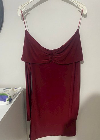Bordo Drapeli Uzun Kollu Mini Elbise - Görsel 4