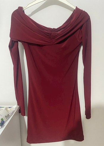 Bordo Drapeli Uzun Kollu Mini Elbise - Görsel 2