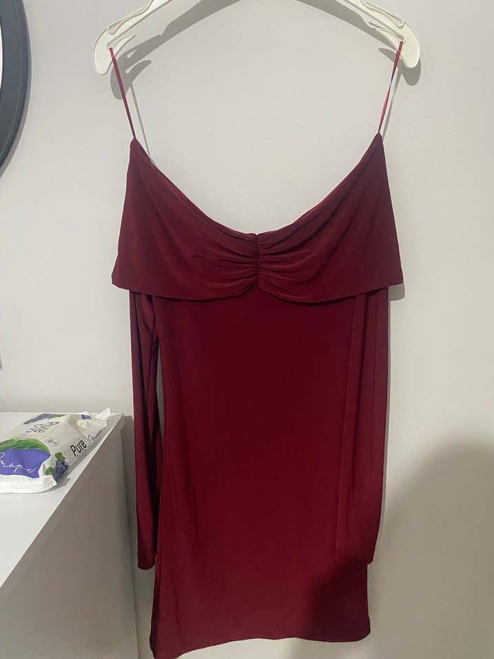 Bordo Drapeli Uzun Kollu Mini Elbise - Görsel 4