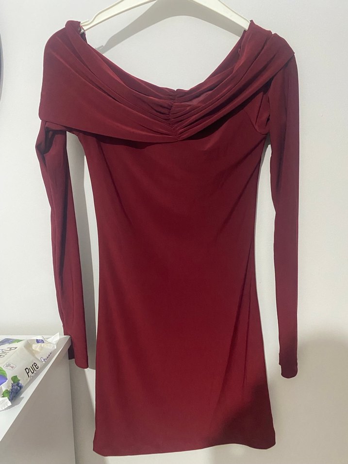 Bordo Drapeli Uzun Kollu Mini Elbise - Görsel 2