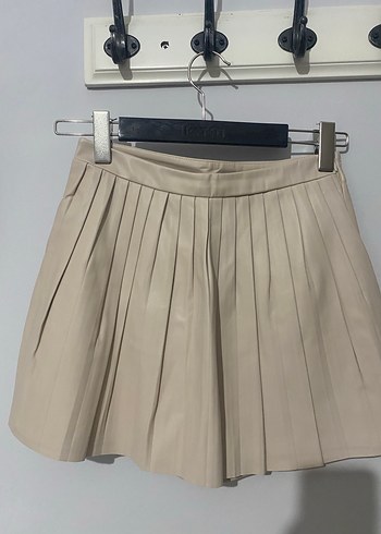 Deri Bej Pilili Mini şort  Etek - Görsel 2