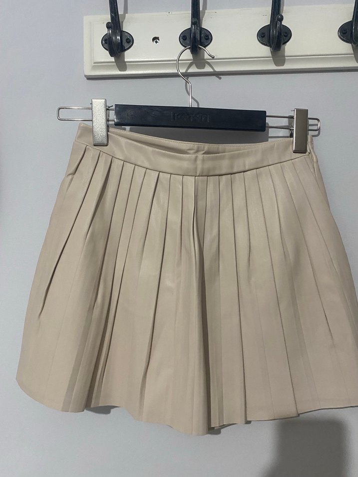 Deri Bej Pilili Mini şort  Etek - Görsel 2