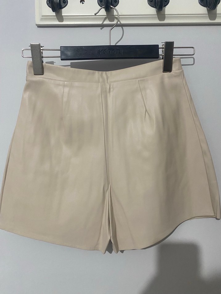 Deri Bej Pilili Mini şort  Etek - Görsel 3