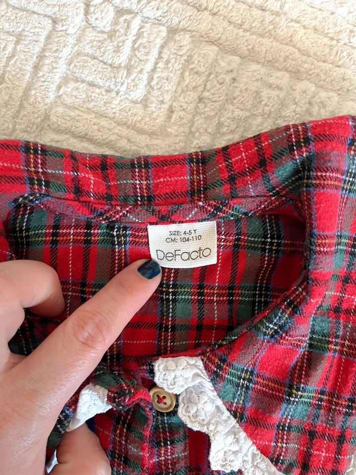 Kırmızı Ekose Uzun Kollu Kız Elbise - Görsel 2