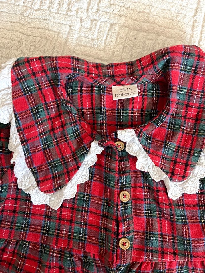 Kırmızı Ekose Uzun Kollu Kız Elbise - Görsel 3