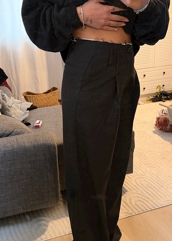 Kadın Siyah Keten Salaş Midi Pantolon - Görsel 2