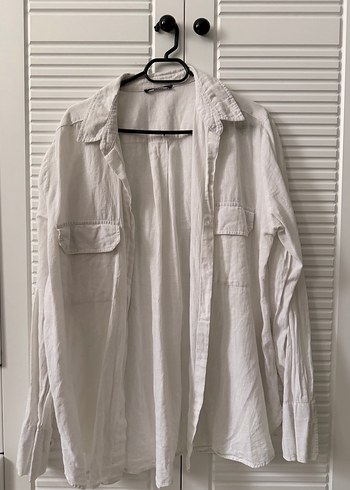 Kadın Beyaz Keten Gömlek, Düğmeli, Rahat Kesim - Görsel 2