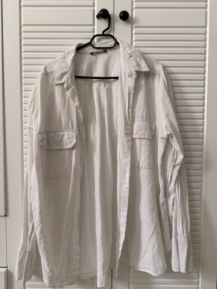 Kadın Beyaz Keten Gömlek, Düğmeli, Rahat Kesim - Görsel 2