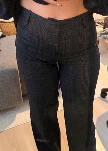 Düğmeli Gri Ekose Kadın Kumaş Pantolon - Görsel 3