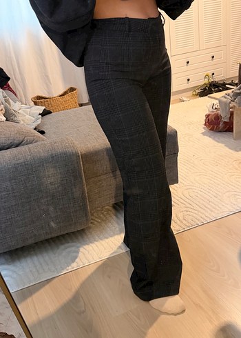 Düğmeli Gri Ekose Kadın Kumaş Pantolon - Görsel 2
