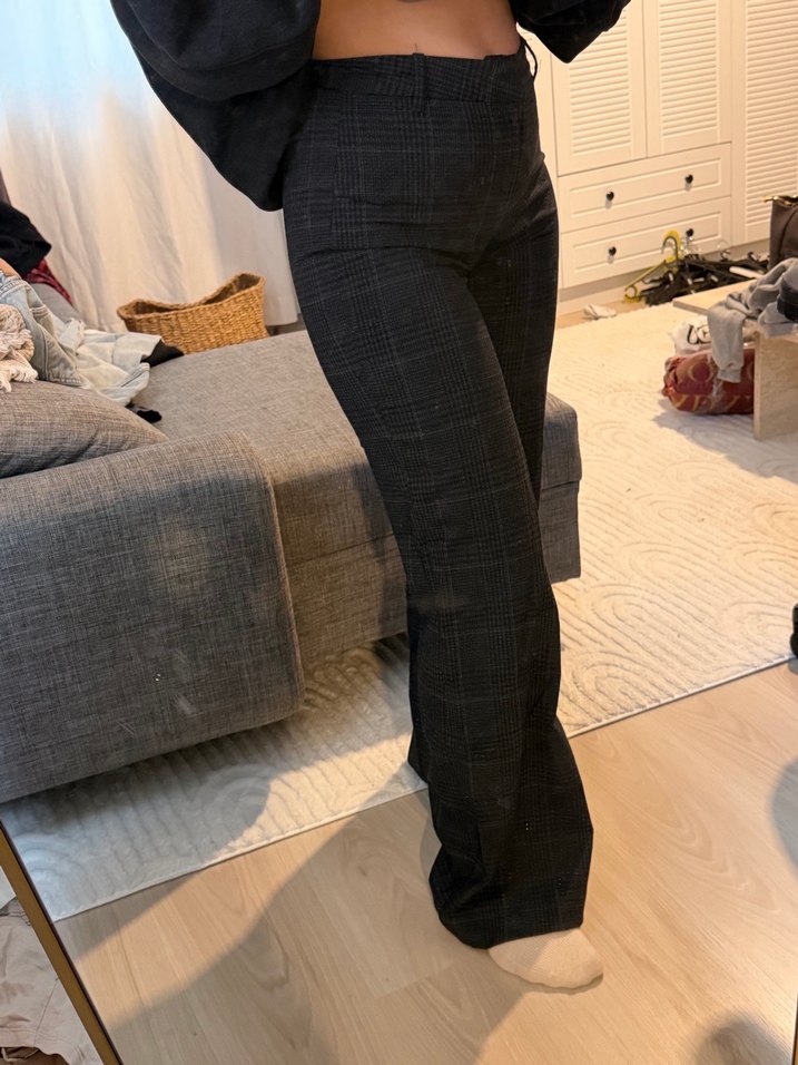 Düğmeli Gri Ekose Kadın Kumaş Pantolon - Görsel 2