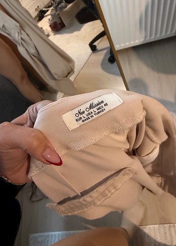 Bej Kadın Salaş Midi Kumaş Pantolon - Görsel 4