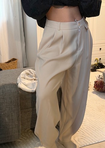 Bej Kadın Salaş Midi Kumaş Pantolon - Görsel 2