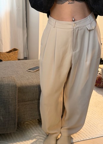 Bej Kadın Salaş Midi Kumaş Pantolon - Görsel 3