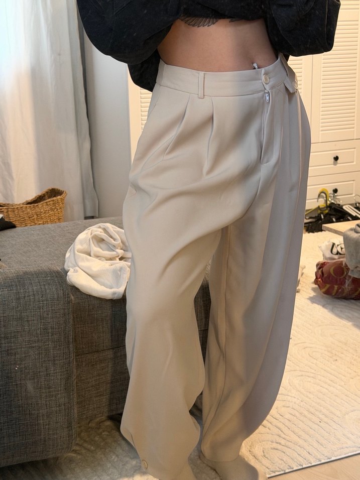 Bej Kadın Salaş Midi Kumaş Pantolon - Görsel 2