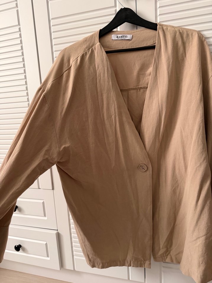 Bej Midi Hamile Keten Ceket - Görsel 2