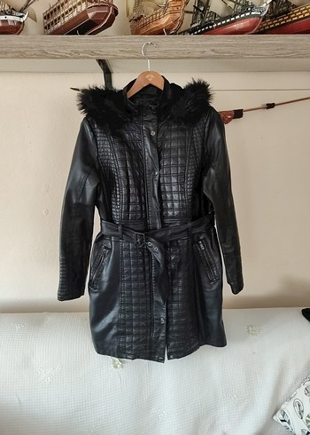 Kürk Detaylı Siyah Deri Midi Mont
