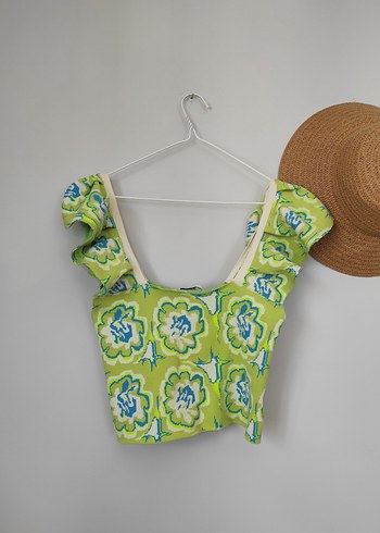 m Beden Yeşil Renkli Fırfırlı Bohem Crop Top