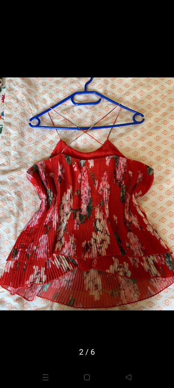 MANGO kirmızı çiçek desenli Piliseli Mini Bohem piliseli bluz - Görsel 4