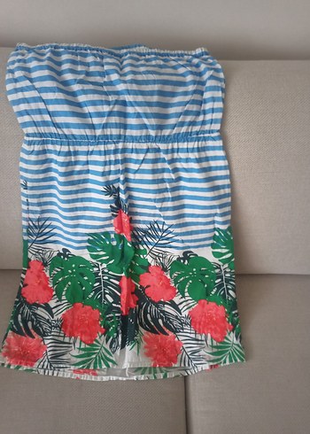 Mavi Çiçek Desenli Straplez Mini elbise - Görsel 4