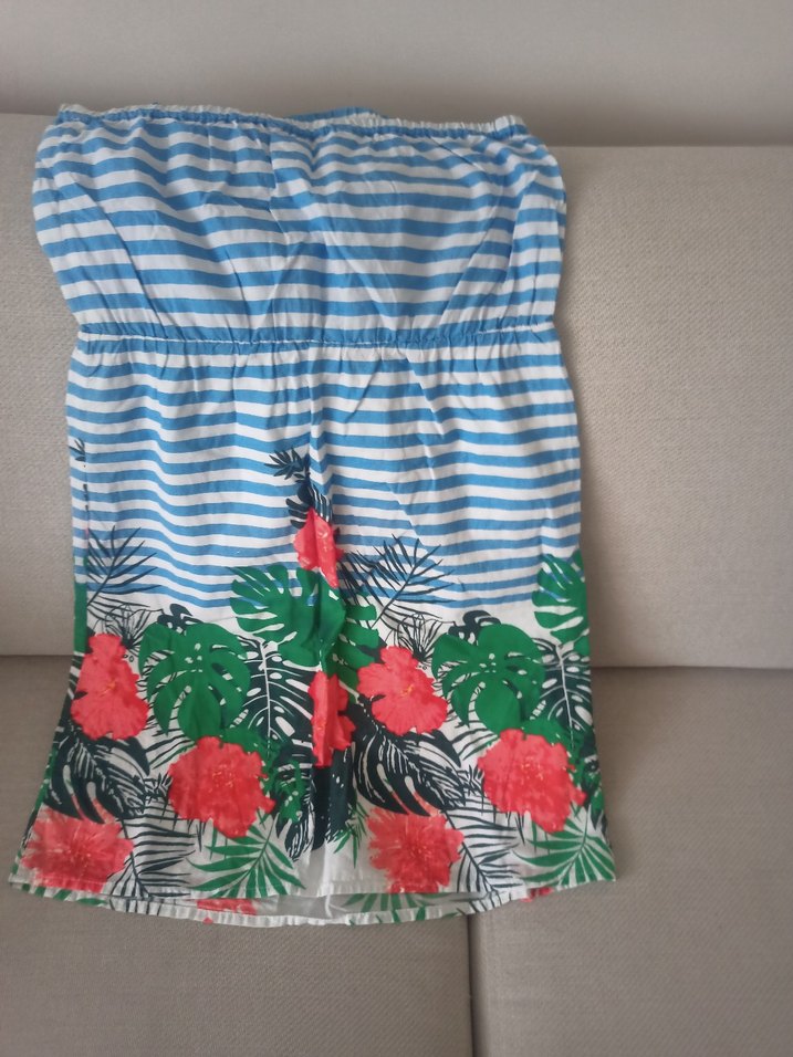 Mavi Çiçek Desenli Straplez Mini elbise - Görsel 4