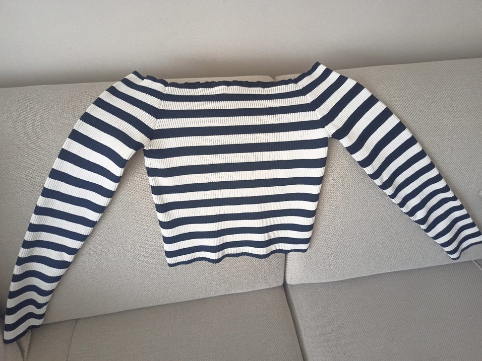 Çizgili Kayık Yaka Kadın Triko Kazak - Görsel 3