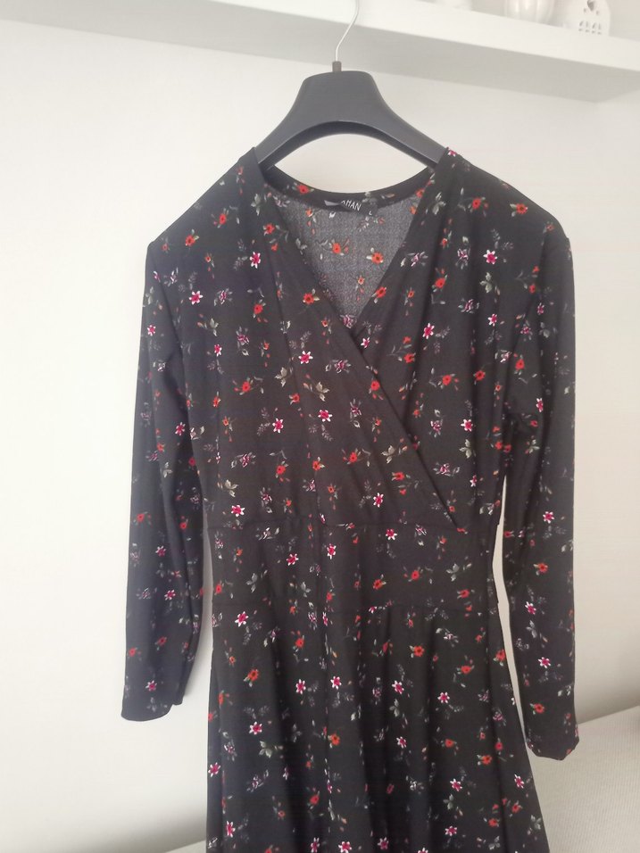 Siyah Desenli Uzun Kollu Midi Elbise - Görsel 3