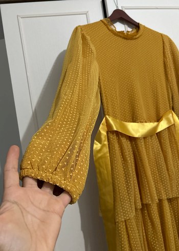 Sarı Vintage Piliseli Uzun Elbise - Görsel 2