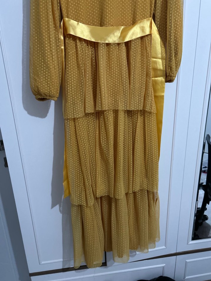 Sarı Vintage Piliseli Uzun Elbise - Görsel 3