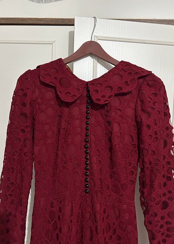 Bordo Dantel Detaylı Vintage Uzun Elbise - Görsel 2