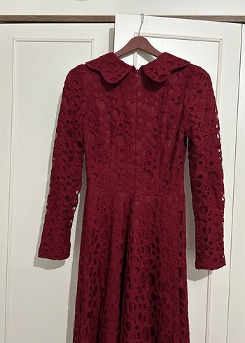 Bordo Dantel Detaylı Vintage Uzun Elbise - Görsel 5