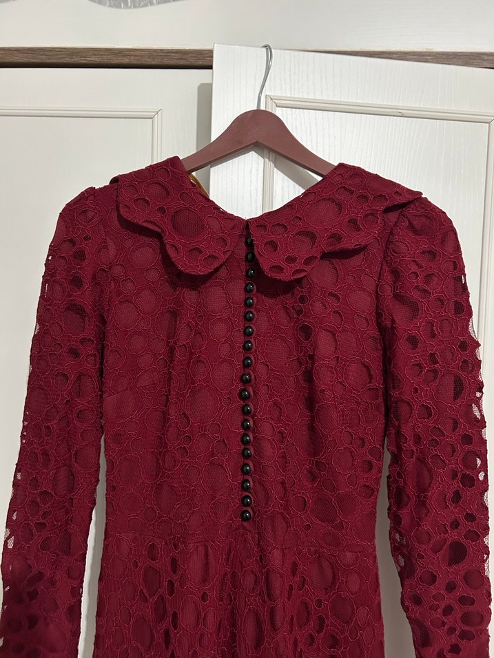 Bordo Dantel Detaylı Vintage Uzun Elbise - Görsel 2