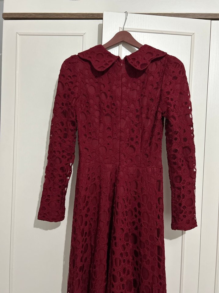 Bordo Dantel Detaylı Vintage Uzun Elbise - Görsel 5