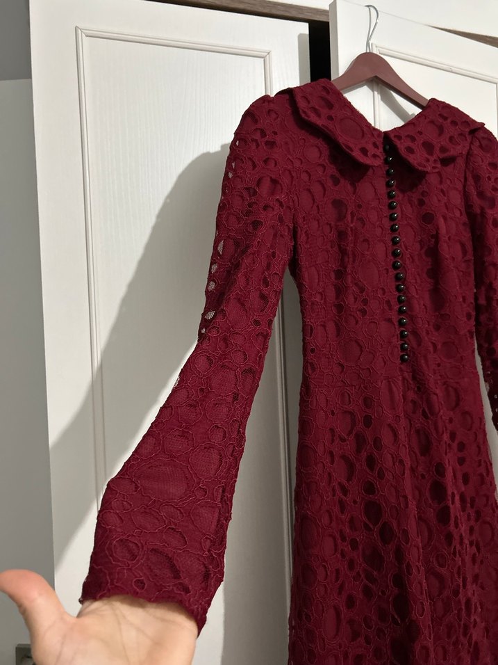 Bordo Dantel Detaylı Vintage Uzun Elbise - Görsel 3