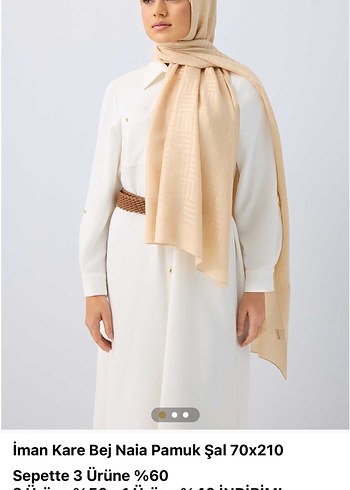 İmannoor Kare Bej Naia Pamuk Şal 70x210 - Görsel 3