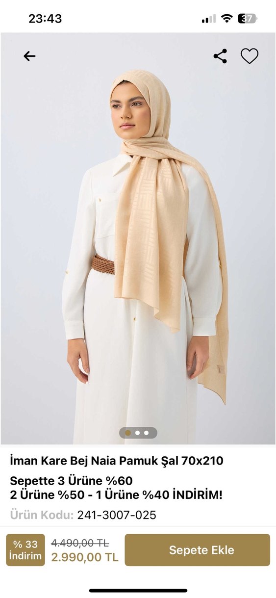 İmannoor Kare Bej Naia Pamuk Şal 70x210 - Görsel 3