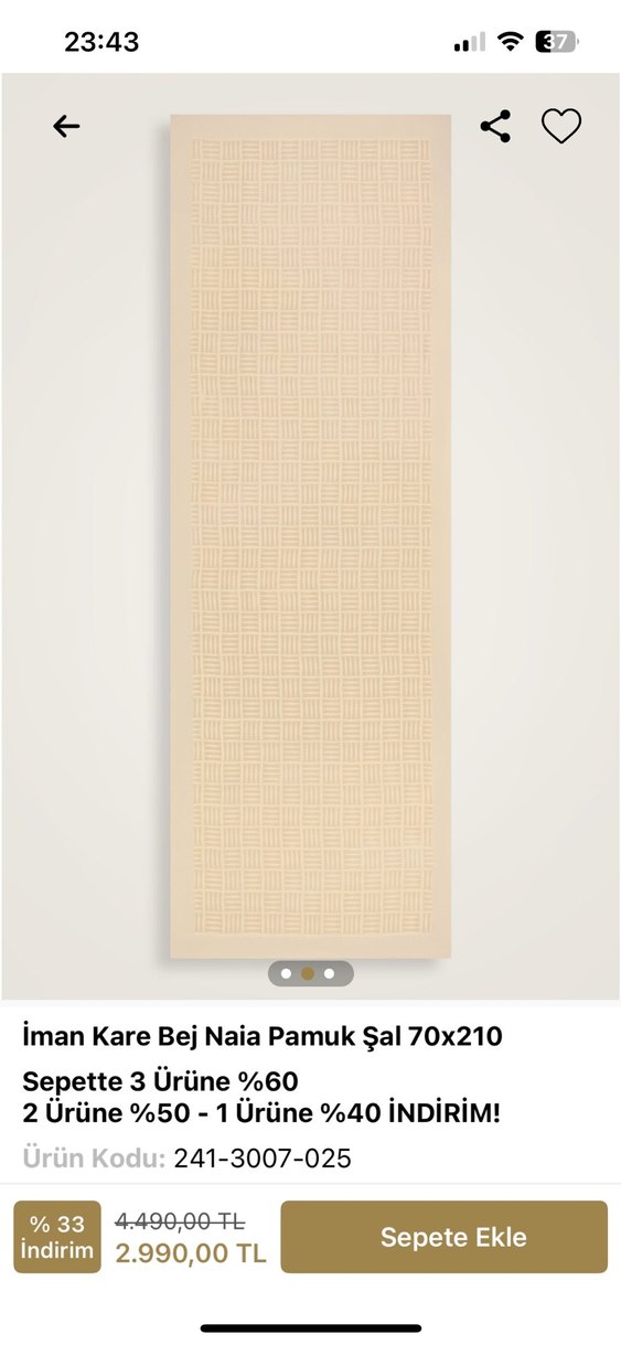 İmannoor Kare Bej Naia Pamuk Şal 70x210 - Görsel 2