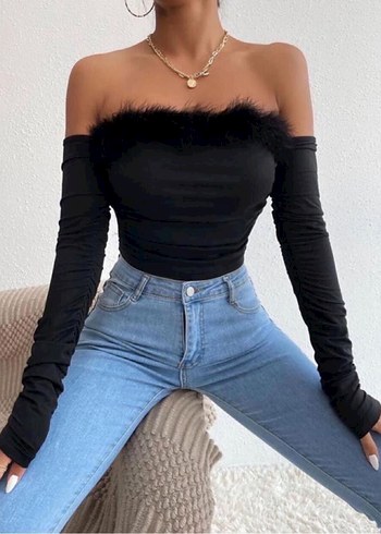 Kürk Detaylı Siyah Straplez Bluz - Görsel 3